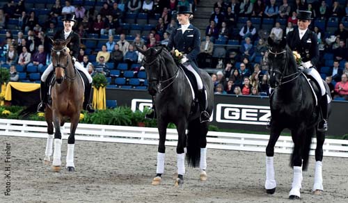 Auszeichnungen für drei spitzenmäßige junge Grand Prix-Pferde (v.l.): Zaire mit Jessica von Bredow-Werndl, Weihegold mit Beatrice Buchwald und Ullrich Equine's St. Emilion mit Dorothee Schneider.